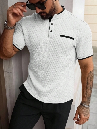 Manfinity CasualCool Men's Casual Vacation Style, Featuring An INS-Inspired Geometric Diamond-Textured Jacquard Knit Short-Sleeve Khaki Polo Shirt With A V-Neck Design. Perfect For Music Festivals, Hawaii Beach Getaways, And Everyday Outfits, Making It A Stylish Gift For Your Boyfriend Or Husband. It Embodies A French-Inspired Elegance And Romance. Men's Knitted Textured Jacquard Polo Shirt, Minimalist & Fashionable, Suitable For Summer , Polo Shirt For Men , Polos For Men - Image 31