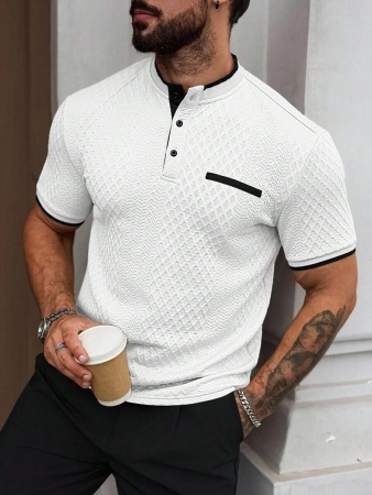 Manfinity CasualCool Men's Casual Vacation Style, Featuring An INS-Inspired Geometric Diamond-Textured Jacquard Knit Short-Sleeve Khaki Polo Shirt With A V-Neck Design. Perfect For Music Festivals, Hawaii Beach Getaways, And Everyday Outfits, Making It A Stylish Gift For Your Boyfriend Or Husband. It Embodies A French-Inspired Elegance And Romance. Men's Knitted Textured Jacquard Polo Shirt, Minimalist & Fashionable, Suitable For Summer , Polo Shirt For Men , Polos For Men - Image 32