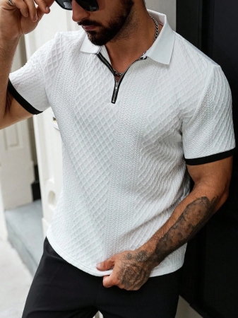 Manfinity CasualCool Men's Casual Vacation Style, Featuring An INS-Inspired Geometric Diamond-Textured Jacquard Knit Short-Sleeve Khaki Polo Shirt With A V-Neck Design. Perfect For Music Festivals, Hawaii Beach Getaways, And Everyday Outfits, Making It A Stylish Gift For Your Boyfriend Or Husband. It Embodies A French-Inspired Elegance And Romance. Men's Knitted Textured Jacquard Polo Shirt, Minimalist & Fashionable, Suitable For Summer , Polo Shirt For Men , Polos For Men - Image 38