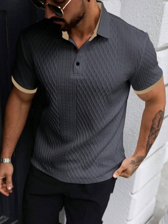 Manfinity CasualCool Men's Casual Vacation Style, Featuring An INS-Inspired Geometric Diamond-Textured Jacquard Knit Short-Sleeve Khaki Polo Shirt With A V-Neck Design. Perfect For Music Festivals, Hawaii Beach Getaways, And Everyday Outfits, Making It A Stylish Gift For Your Boyfriend Or Husband. It Embodies A French-Inspired Elegance And Romance. Men's Knitted Textured Jacquard Polo Shirt, Minimalist & Fashionable, Suitable For Summer , Polo Shirt For Men , Polos For Men - Image 40