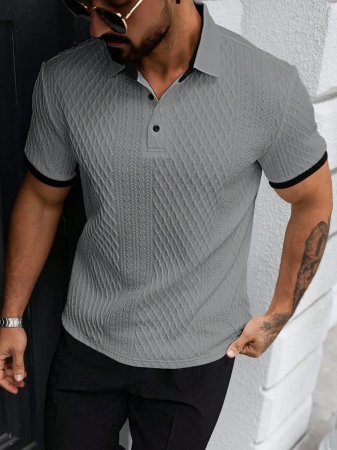 Manfinity CasualCool Men's Casual Vacation Style, Featuring An INS-Inspired Geometric Diamond-Textured Jacquard Knit Short-Sleeve Khaki Polo Shirt With A V-Neck Design. Perfect For Music Festivals, Hawaii Beach Getaways, And Everyday Outfits, Making It A Stylish Gift For Your Boyfriend Or Husband. It Embodies A French-Inspired Elegance And Romance. Men's Knitted Textured Jacquard Polo Shirt, Minimalist & Fashionable, Suitable For Summer , Polo Shirt For Men , Polos For Men - Image 45