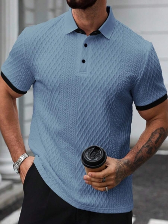 Manfinity CasualCool Men's Casual Vacation Style, Featuring An INS-Inspired Geometric Diamond-Textured Jacquard Knit Short-Sleeve Khaki Polo Shirt With A V-Neck Design. Perfect For Music Festivals, Hawaii Beach Getaways, And Everyday Outfits, Making It A Stylish Gift For Your Boyfriend Or Husband. It Embodies A French-Inspired Elegance And Romance. Men's Knitted Textured Jacquard Polo Shirt, Minimalist & Fashionable, Suitable For Summer , Polo Shirt For Men , Polos For Men - Image 52