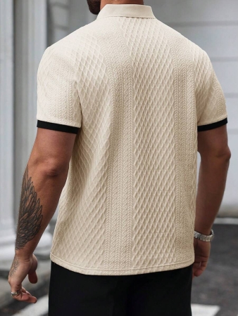 Manfinity CasualCool Men's Casual Vacation Style, Featuring An INS-Inspired Geometric Diamond-Textured Jacquard Knit Short-Sleeve Khaki Polo Shirt With A V-Neck Design. Perfect For Music Festivals, Hawaii Beach Getaways, And Everyday Outfits, Making It A Stylish Gift For Your Boyfriend Or Husband. It Embodies A French-Inspired Elegance And Romance. Men's Knitted Textured Jacquard Polo Shirt, Minimalist & Fashionable, Suitable For Summer , Polo Shirt For Men , Polos For Men - Image 56