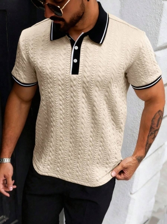 Manfinity CasualCool Men's Casual Vacation Style, Featuring An INS-Inspired Geometric Diamond-Textured Jacquard Knit Short-Sleeve Khaki Polo Shirt With A V-Neck Design. Perfect For Music Festivals, Hawaii Beach Getaways, And Everyday Outfits, Making It A Stylish Gift For Your Boyfriend Or Husband. It Embodies A French-Inspired Elegance And Romance. Men's Knitted Textured Jacquard Polo Shirt, Minimalist & Fashionable, Suitable For Summer , Polo Shirt For Men , Polos For Men - Image 66