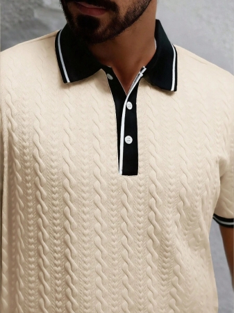 Manfinity CasualCool Men's Casual Vacation Style, Featuring An INS-Inspired Geometric Diamond-Textured Jacquard Knit Short-Sleeve Khaki Polo Shirt With A V-Neck Design. Perfect For Music Festivals, Hawaii Beach Getaways, And Everyday Outfits, Making It A Stylish Gift For Your Boyfriend Or Husband. It Embodies A French-Inspired Elegance And Romance. Men's Knitted Textured Jacquard Polo Shirt, Minimalist & Fashionable, Suitable For Summer , Polo Shirt For Men , Polos For Men - Image 69