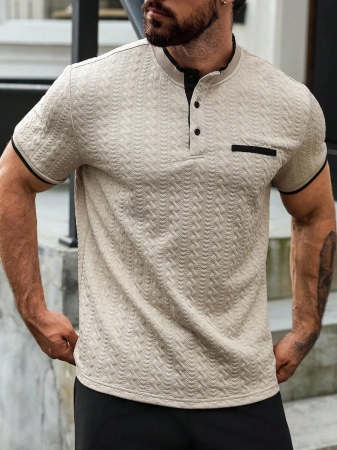 Manfinity CasualCool Men's Casual Vacation Style, Featuring An INS-Inspired Geometric Diamond-Textured Jacquard Knit Short-Sleeve Khaki Polo Shirt With A V-Neck Design. Perfect For Music Festivals, Hawaii Beach Getaways, And Everyday Outfits, Making It A Stylish Gift For Your Boyfriend Or Husband. It Embodies A French-Inspired Elegance And Romance. Men's Knitted Textured Jacquard Polo Shirt, Minimalist & Fashionable, Suitable For Summer , Polo Shirt For Men , Polos For Men - Image 70
