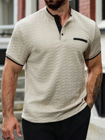 Manfinity CasualCool Men's Casual Vacation Style, Featuring An INS-Inspired Geometric Diamond-Textured Jacquard Knit Short-Sleeve Khaki Polo Shirt With A V-Neck Design. Perfect For Music Festivals, Hawaii Beach Getaways, And Everyday Outfits, Making It A Stylish Gift For Your Boyfriend Or Husband. It Embodies A French-Inspired Elegance And Romance. Men's Knitted Textured Jacquard Polo Shirt, Minimalist & Fashionable, Suitable For Summer , Polo Shirt For Men , Polos For Men - Image 73
