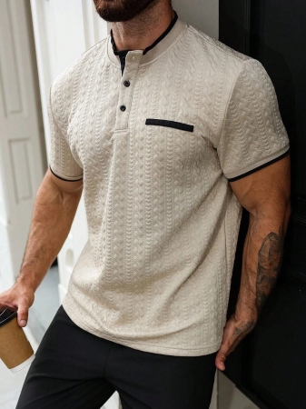 Manfinity CasualCool Men's Casual Vacation Style, Featuring An INS-Inspired Geometric Diamond-Textured Jacquard Knit Short-Sleeve Khaki Polo Shirt With A V-Neck Design. Perfect For Music Festivals, Hawaii Beach Getaways, And Everyday Outfits, Making It A Stylish Gift For Your Boyfriend Or Husband. It Embodies A French-Inspired Elegance And Romance. Men's Knitted Textured Jacquard Polo Shirt, Minimalist & Fashionable, Suitable For Summer , Polo Shirt For Men , Polos For Men - Image 75