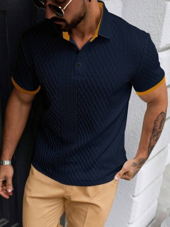 Manfinity CasualCool Men's Casual Vacation Style, Featuring An INS-Inspired Geometric Diamond-Textured Jacquard Knit Short-Sleeve Khaki Polo Shirt With A V-Neck Design. Perfect For Music Festivals, Hawaii Beach Getaways, And Everyday Outfits, Making It A Stylish Gift For Your Boyfriend Or Husband. It Embodies A French-Inspired Elegance And Romance. Men's Knitted Textured Jacquard Polo Shirt, Minimalist & Fashionable, Suitable For Summer , Polo Shirt For Men , Polos For Men - Image 77