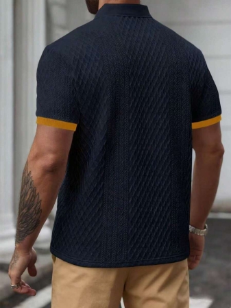 Manfinity CasualCool Men's Casual Vacation Style, Featuring An INS-Inspired Geometric Diamond-Textured Jacquard Knit Short-Sleeve Khaki Polo Shirt With A V-Neck Design. Perfect For Music Festivals, Hawaii Beach Getaways, And Everyday Outfits, Making It A Stylish Gift For Your Boyfriend Or Husband. It Embodies A French-Inspired Elegance And Romance. Men's Knitted Textured Jacquard Polo Shirt, Minimalist & Fashionable, Suitable For Summer , Polo Shirt For Men , Polos For Men - Image 78