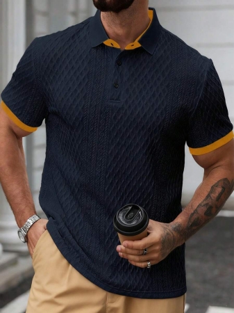 Manfinity CasualCool Men's Casual Vacation Style, Featuring An INS-Inspired Geometric Diamond-Textured Jacquard Knit Short-Sleeve Khaki Polo Shirt With A V-Neck Design. Perfect For Music Festivals, Hawaii Beach Getaways, And Everyday Outfits, Making It A Stylish Gift For Your Boyfriend Or Husband. It Embodies A French-Inspired Elegance And Romance. Men's Knitted Textured Jacquard Polo Shirt, Minimalist & Fashionable, Suitable For Summer , Polo Shirt For Men , Polos For Men - Image 79