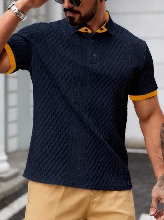 Manfinity CasualCool Men's Casual Vacation Style, Featuring An INS-Inspired Geometric Diamond-Textured Jacquard Knit Short-Sleeve Khaki Polo Shirt With A V-Neck Design. Perfect For Music Festivals, Hawaii Beach Getaways, And Everyday Outfits, Making It A Stylish Gift For Your Boyfriend Or Husband. It Embodies A French-Inspired Elegance And Romance. Men's Knitted Textured Jacquard Polo Shirt, Minimalist & Fashionable, Suitable For Summer , Polo Shirt For Men , Polos For Men - Image 80