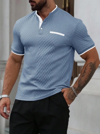 Manfinity CasualCool Men's Casual Vacation Style, Featuring An INS-Inspired Geometric Diamond-Textured Jacquard Knit Short-Sleeve Khaki Polo Shirt With A V-Neck Design. Perfect For Music Festivals, Hawaii Beach Getaways, And Everyday Outfits, Making It A Stylish Gift For Your Boyfriend Or Husband. It Embodies A French-Inspired Elegance And Romance. Men's Knitted Textured Jacquard Polo Shirt, Minimalist & Fashionable, Suitable For Summer , Polo Shirt For Men , Polos For Men - Image 90