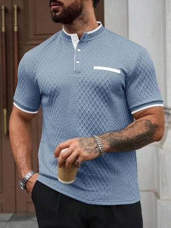 Manfinity CasualCool Men's Casual Vacation Style, Featuring An INS-Inspired Geometric Diamond-Textured Jacquard Knit Short-Sleeve Khaki Polo Shirt With A V-Neck Design. Perfect For Music Festivals, Hawaii Beach Getaways, And Everyday Outfits, Making It A Stylish Gift For Your Boyfriend Or Husband. It Embodies A French-Inspired Elegance And Romance. Men's Knitted Textured Jacquard Polo Shirt, Minimalist & Fashionable, Suitable For Summer , Polo Shirt For Men , Polos For Men - Image 91