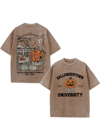 Pumpkin Lantern Ghost House, Classic Retro Fashion Leisure Halloween Pumpkin Architecture Popular Letter Pattern Printed Boutique 230g Washed Cotton T-Shirt, Men's Summer High Quality Printed Cotton Retro Fashion Brand Loose, Soft And Comfortable Casual Coffee Color T-Shirt, Suitable For Outdoor Wearing In Summer, With A Certain Thickness, Daily Wear And Friend Gifts, Back To School Gifts