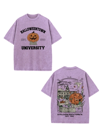 Pumpkin Lantern Ghost House, Classic Retro Fashion Leisure Halloween Pumpkin Architecture Popular Letter Pattern Printed Boutique 230g Washed Cotton T-Shirt, Men's Summer High Quality Printed Cotton Retro Fashion Brand Loose, Soft And Comfortable Casual Coffee Color T-Shirt, Suitable For Outdoor Wearing In Summer, With A Certain Thickness, Daily Wear And Friend Gifts, Back To School Gifts - Image 12