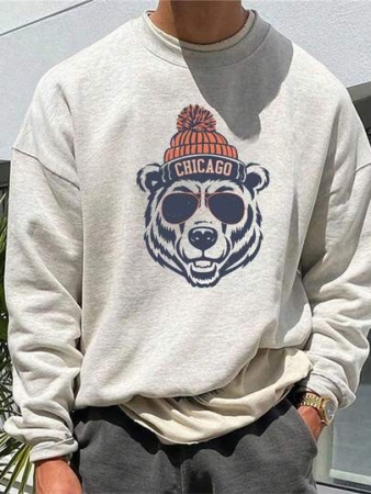 Men's Casual Loose Fit Crew Neck Sweatshirt With Bear Head Graphic Print, Chicago-Inspired Design , Fall