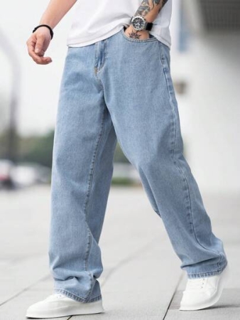 GALLERY FADE Loose Fit Men's Cotton Jeans With Slant Pockets Baggy Long Washed Skater Jean Cargo Plain Light Blue Going Out Y2K Friends Urban Going Out Commute Work Vacation