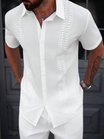 Manfinity Homme Men's Summer Solid Color Contrast Lace Single-Breasted Casual Shirt