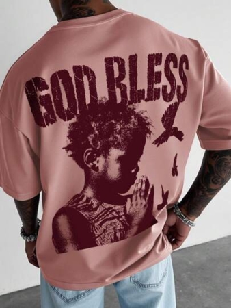 Manfinity EMRG Men's Casual Letter & Figure Print Round Neck Short Sleeve T-Shirts, Summer God Tshirt God Graphic Tees, 2000s Style