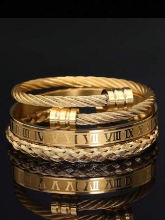 3pcs/Set Fashionable Creative Stainless Steel Woven Roman Numeral Bracelet For Men, Suitable For Daily Wear, Party, Gift For Boyfriend