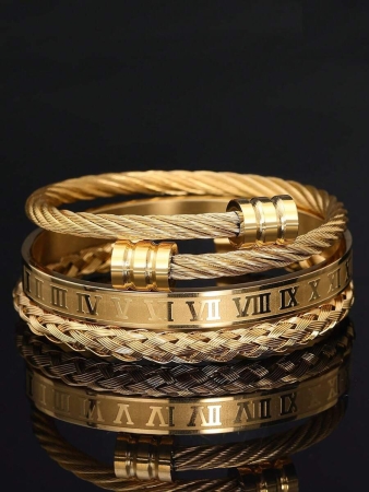 3pcs/Set Fashionable Creative Stainless Steel Woven Roman Numeral Bracelet For Men, Suitable For Daily Wear, Party, Gift For Boyfriend - Image 3