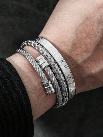 3pcs/Set Fashionable Creative Stainless Steel Woven Roman Numeral Bracelet For Men, Suitable For Daily Wear, Party, Gift For Boyfriend - Image 7