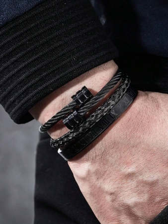 3pcs/Set Fashionable Creative Stainless Steel Woven Roman Numeral Bracelet For Men, Suitable For Daily Wear, Party, Gift For Boyfriend - Image 9