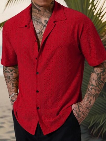 Manfinity Homme Men's Vacation Casual Style, INS Matched With A Knitted Black And White Geometric Striped Crochet Textured Jacquard Loose Short-Sleeve Shirt. Featuring A Button Placket, This Shirt Embodies French Elegance And Romance, Making It Perfect For Hawaiian Beach Vacations, As Well As Music Festivals And Everyday Wear. It Also Serves As An Ideal Gift For Boyfriends Or Husbands. Men's Striped Short Sleeve Single-Breasted Casual Commuter Shirt, Cool Shirts For Men, Nice Shirts For Men, Men's Fashion Shirts