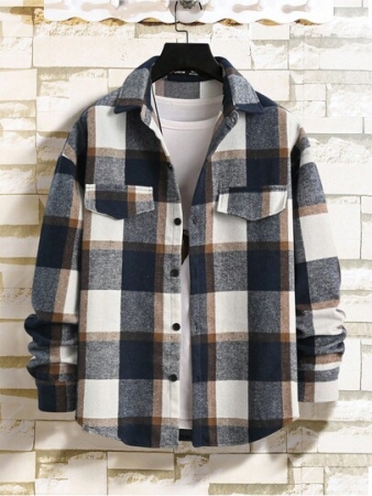 Manfinity Homme Loose Fit Plaid Print Drop Shoulder Overcoat For Men (No T-Shirt Included)