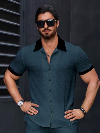 Manfinity Homme Men's Simple Casual Colorblock Short Sleeve Shirt - Image 109