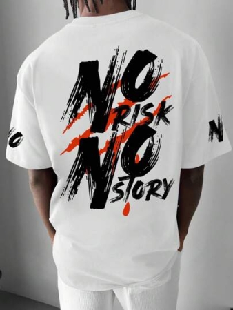 Manfinity EMRG Men's Letter Print Round Neck Short Sleeve Casual T-Shirt, Summer Graphic Tees Men Streetwear Graphic Tees Back Design Men No Risk No Story Shirts