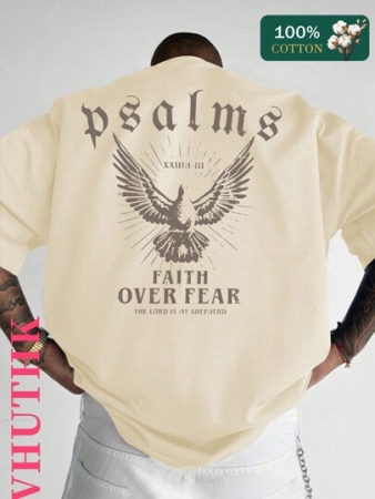 (220 Pure Cotton T-Shirt) Men's Summer Round Neck Short Sleeved Casual Pure Cotton Print PSALMS FAITH OVER FEAR