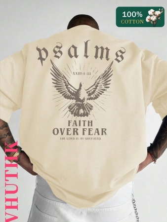 (220 Pure Cotton T-Shirt) Men's Summer Round Neck Short Sleeved Casual Pure Cotton Print PSALMS FAITH OVER FEAR - Image 2