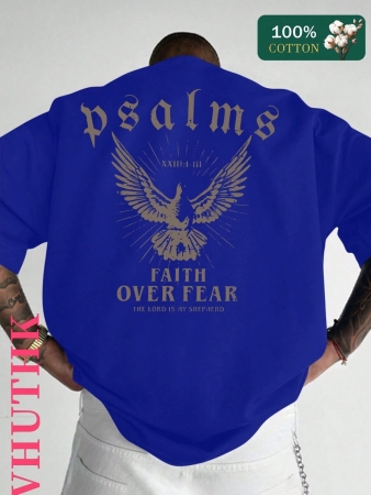 (220 Pure Cotton T-Shirt) Men's Summer Round Neck Short Sleeved Casual Pure Cotton Print PSALMS FAITH OVER FEAR - Image 5