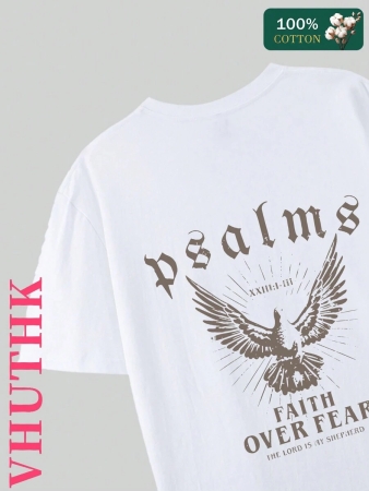 (220 Pure Cotton T-Shirt) Men's Summer Round Neck Short Sleeved Casual Pure Cotton Print PSALMS FAITH OVER FEAR - Image 10