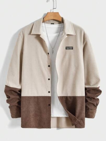Manfinity VCAY Men Two Tone Letter Patched Detail Corduroy Shirt Without Tee, For Fall
