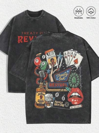 1 PCS Entertainment "Treaty Oak Revival" Graphic Tee: Featuring Distressed Vintage Finish, Front Bold "TREATY O REV" Letter Print, Back Artistic Collage Of Retro Entertainment Elements (Playing Cards, Billiards, Jim Beam Bourbon Bottle, Microphone, "Have A Nice Day" Accent), Crafted From Breathable 100% Cotton, Perfect For Infusing Nostalgic, Fun Vibes Into Outfits During Casual Gatherings, Music Events, Or Daily Wear, Men's Round Neck Printed Short Sleeve Casual Everyday T-Shirt, They Are Excellent Gifts For Friends And Family, 100% Cotton T-Shirts Feature, A Youthful And Fashionable Design, Graphic Tees Men, Graphic Tees Women, Cachorro Feliz, Back To School