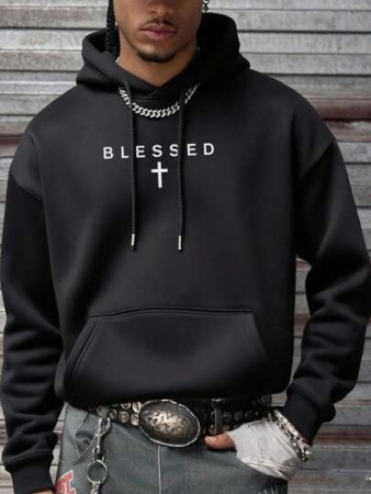 Men's Casual Minimalist Slogan Print Thermal Lined Hoodie Sweatshirt, Autumn/Winter