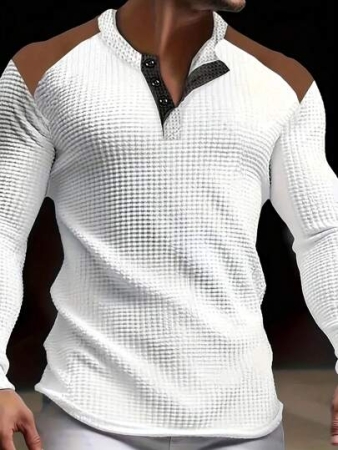 Men's Front Button Waffle Knit Patchwork Contrast Color Henley T-Shirt, Casual Outdoor, Fall