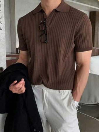 Manfinity Hypemode Men's Solid Color Rib-Knit Polo Shirt, Old Money Style