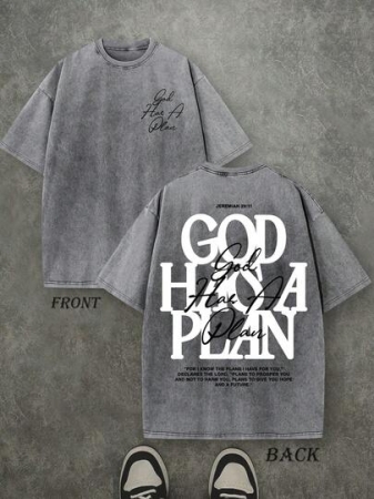 Retro Washed T-Shirt Double Sided Printed (230 Pure Cotton T-Shirt) 'GOD HAS A PLAN' Letter Print, Men's T-Shirt, Men's Casual, Comfortable, Fashionable T-Shirt, Street Style Cotton