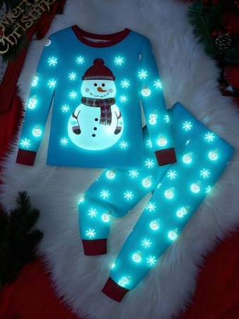 Young Boy Christmas Glow-In-The-Dark Snowman & Snowflake Print Knit Elastic Soft Long Sleeve Top And Pants 2 Pieces Pajama Set Snug Fit Kids Christmas Pajama