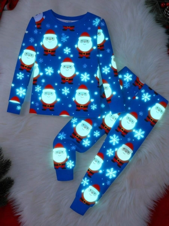 Young Boy Christmas Glow-In-The-Dark Snowman & Snowflake Print Knit Elastic Soft Long Sleeve Top And Pants 2 Pieces Pajama Set Snug Fit Kids Christmas Pajama - Image 2