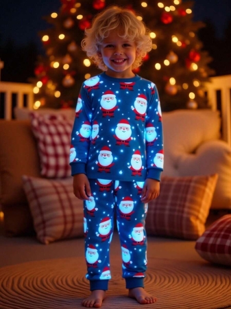 Young Boy Christmas Glow-In-The-Dark Snowman & Snowflake Print Knit Elastic Soft Long Sleeve Top And Pants 2 Pieces Pajama Set Snug Fit Kids Christmas Pajama - Image 5
