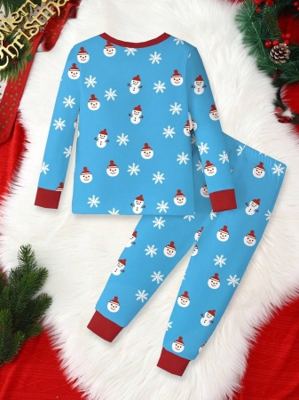 Young Boy Christmas Glow-In-The-Dark Snowman & Snowflake Print Knit Elastic Soft Long Sleeve Top And Pants 2 Pieces Pajama Set Snug Fit Kids Christmas Pajama - Image 15