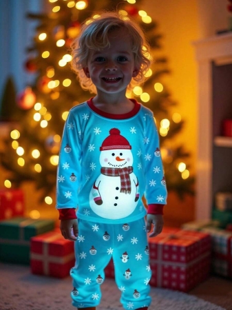 Young Boy Christmas Glow-In-The-Dark Snowman & Snowflake Print Knit Elastic Soft Long Sleeve Top And Pants 2 Pieces Pajama Set Snug Fit Kids Christmas Pajama - Image 16