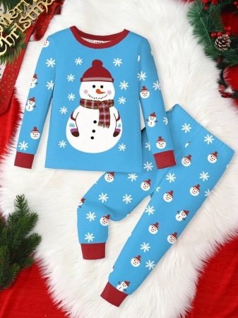 Young Boy Christmas Glow-In-The-Dark Snowman & Snowflake Print Knit Elastic Soft Long Sleeve Top And Pants 2 Pieces Pajama Set Snug Fit Kids Christmas Pajama - Image 19