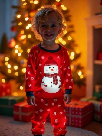 Young Boy Christmas Glow-In-The-Dark Snowman & Snowflake Print Knit Elastic Soft Long Sleeve Top And Pants 2 Pieces Pajama Set Snug Fit Kids Christmas Pajama - Image 28