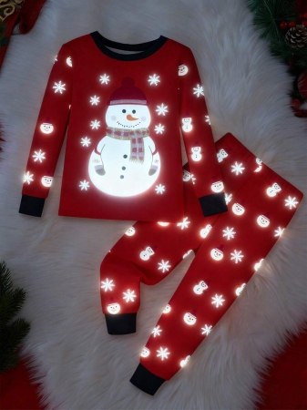 Young Boy Christmas Glow-In-The-Dark Snowman & Snowflake Print Knit Elastic Soft Long Sleeve Top And Pants 2 Pieces Pajama Set Snug Fit Kids Christmas Pajama - Image 30